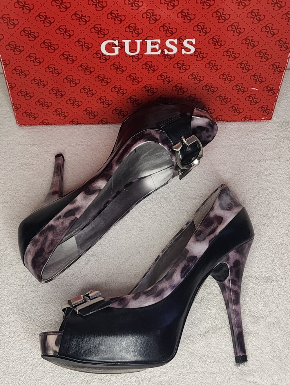 GUESS Black Leopard Peep-Toe Stiletto Heels with Buckle